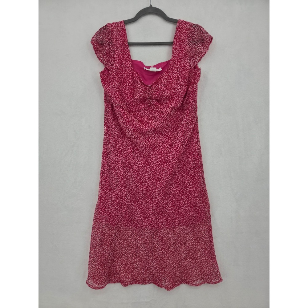 Eileen West Pink Floral Chiffon Midi Dress Cap Sleeve Sweetheart Neck Size 12